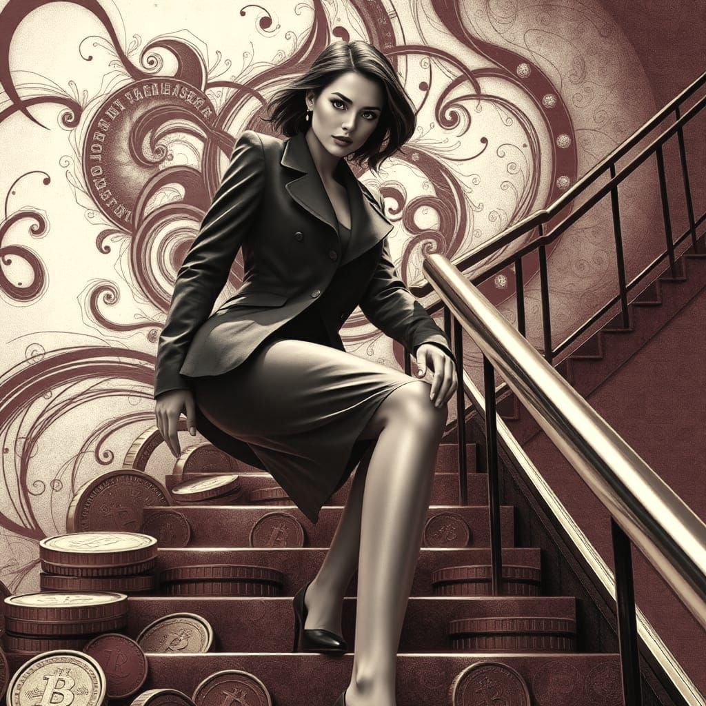 Businesswoman Climbing Coin Stairs in Abstract Style