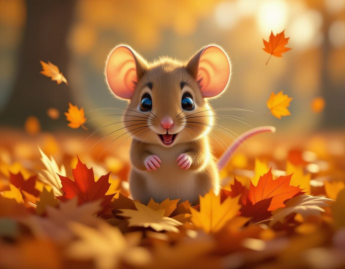 Adorable Mouse Jumps Into Autumn Leaves Hyperrealistic 4K