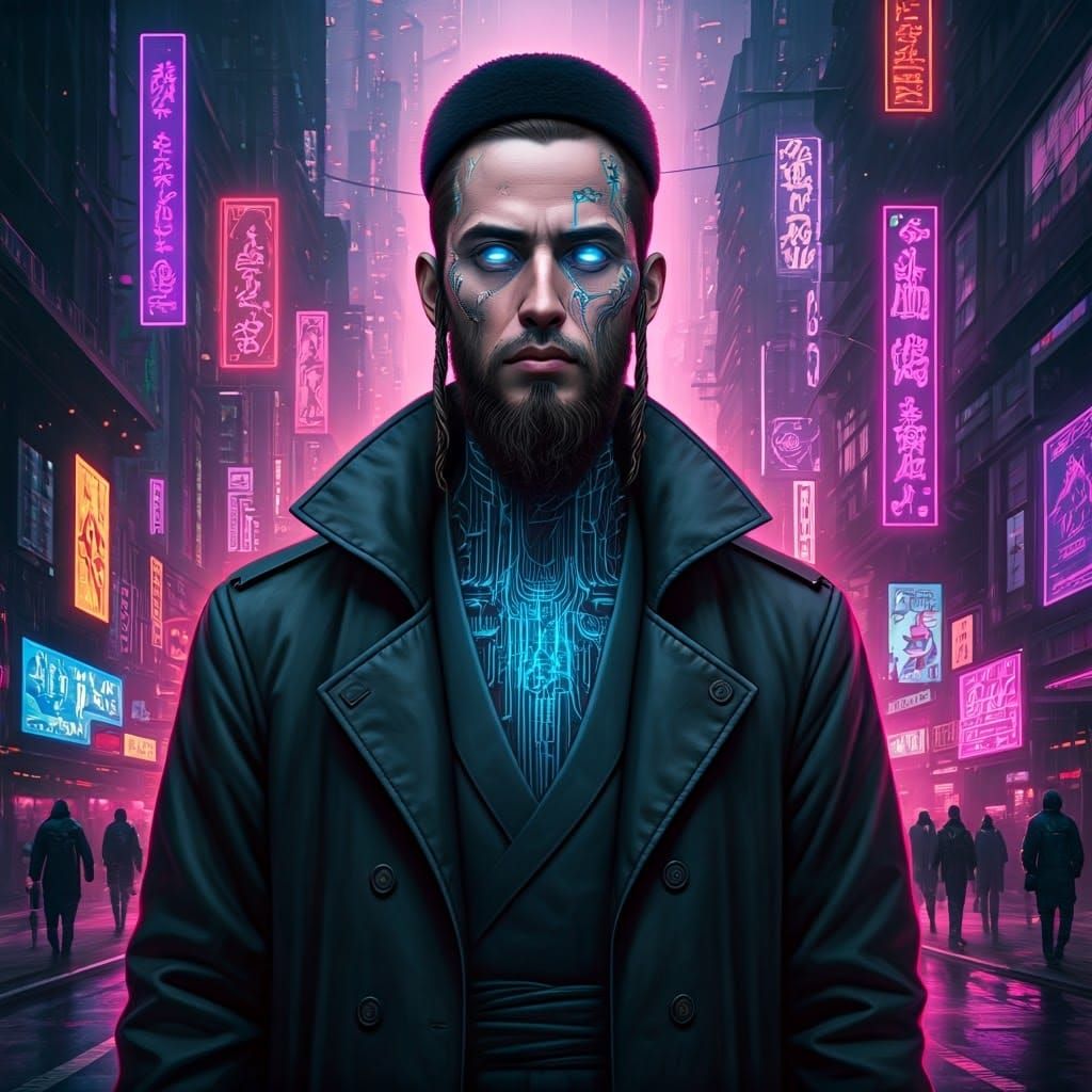 Cyberpunk Hasidic Warrior in Neon-Lit Metropolis
