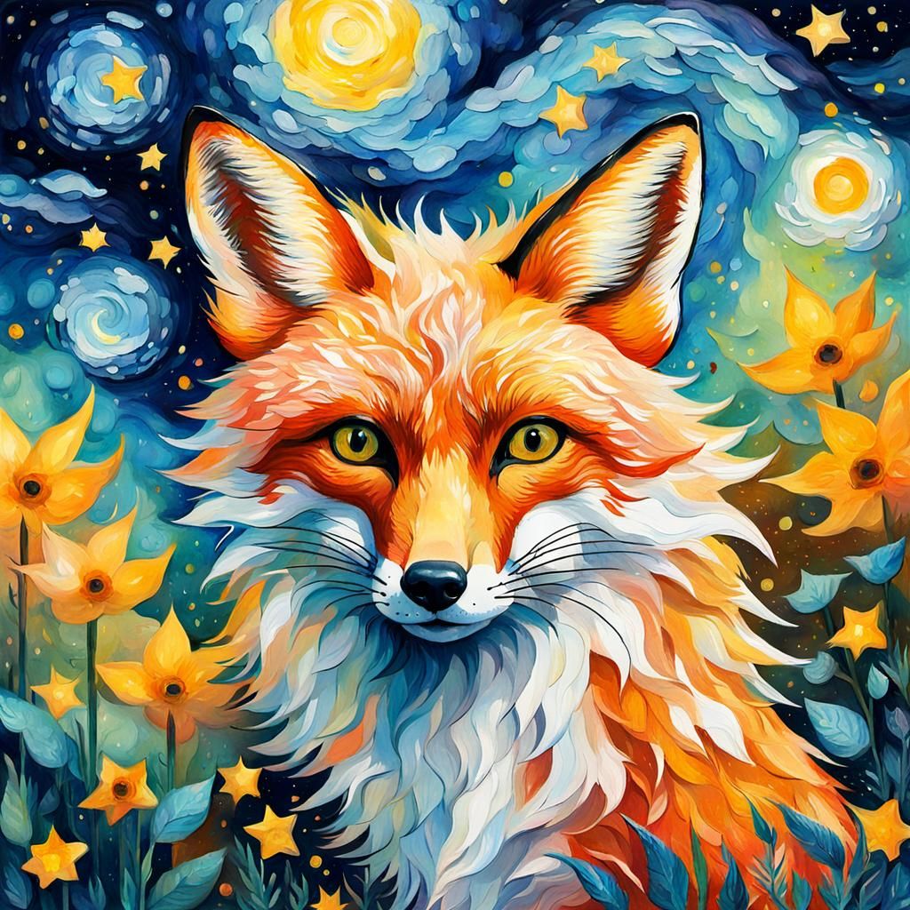 Starry Fox: Van Gogh Inspired Gouache Painting