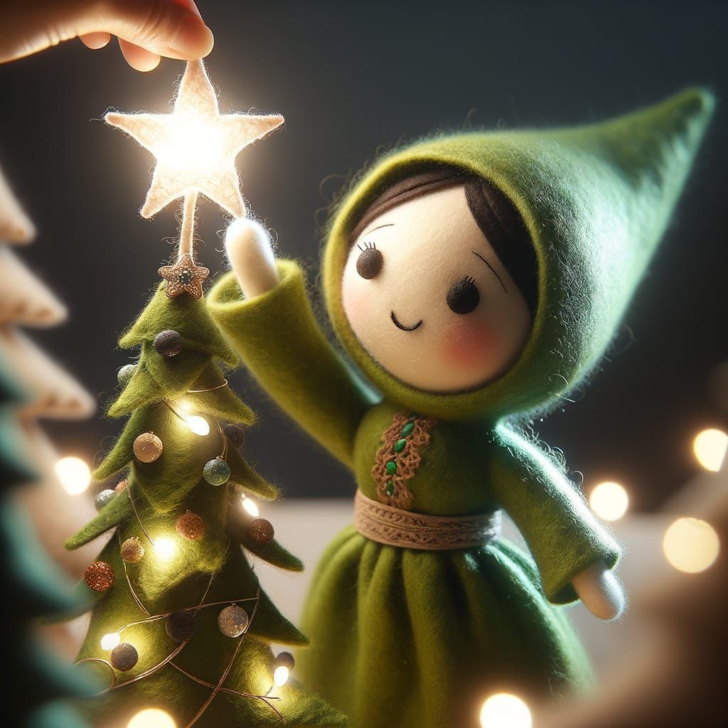Felt Rag Doll Places Star on Christmas Tree
