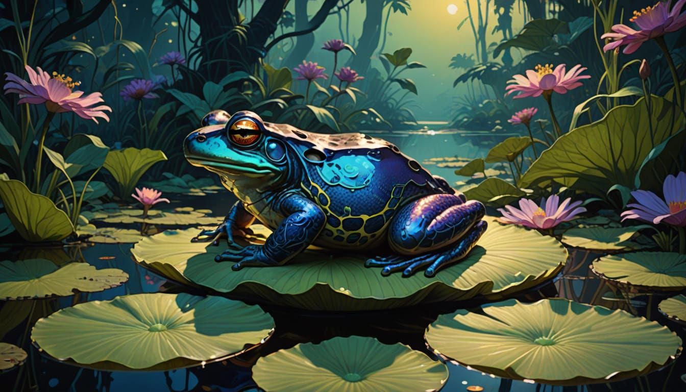 Bioluminescent Frog in Jungle Pond, Fauvist Expressionism