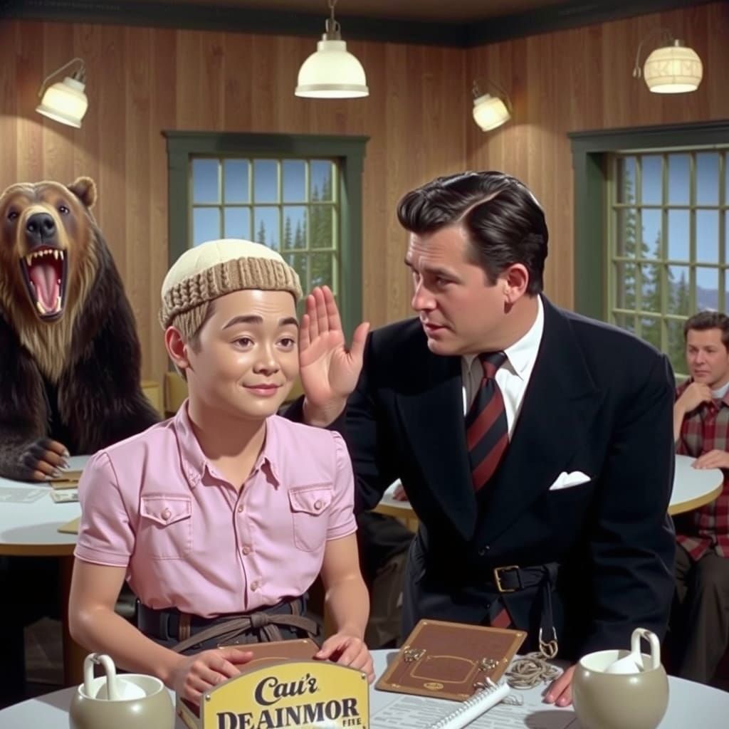 Giant Hiker Figure Fights Grizzly Bear in Vintage Photo Styl...