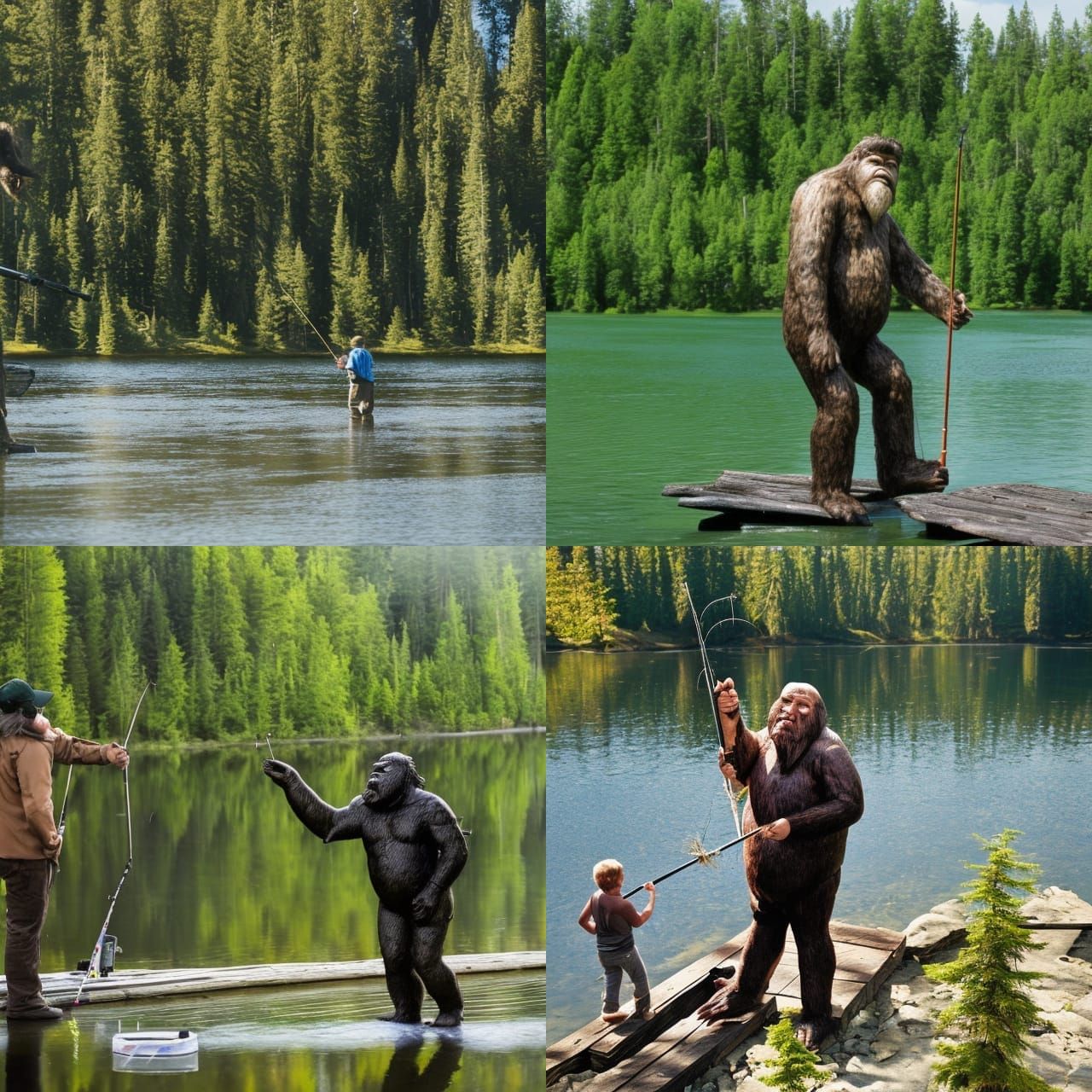 hairy male bigfoot fishing from an old wooden boat, in the m...
