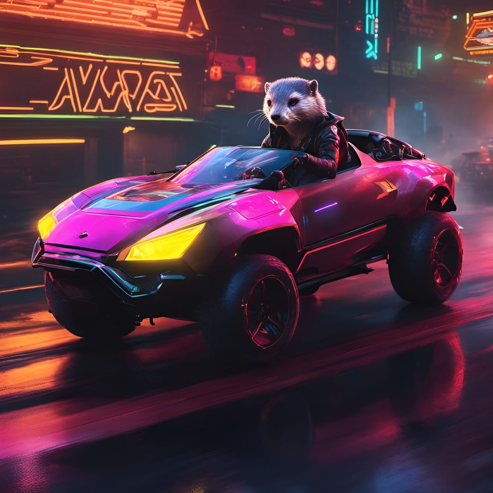 Cyberpunk Otter Driving a Fast Car