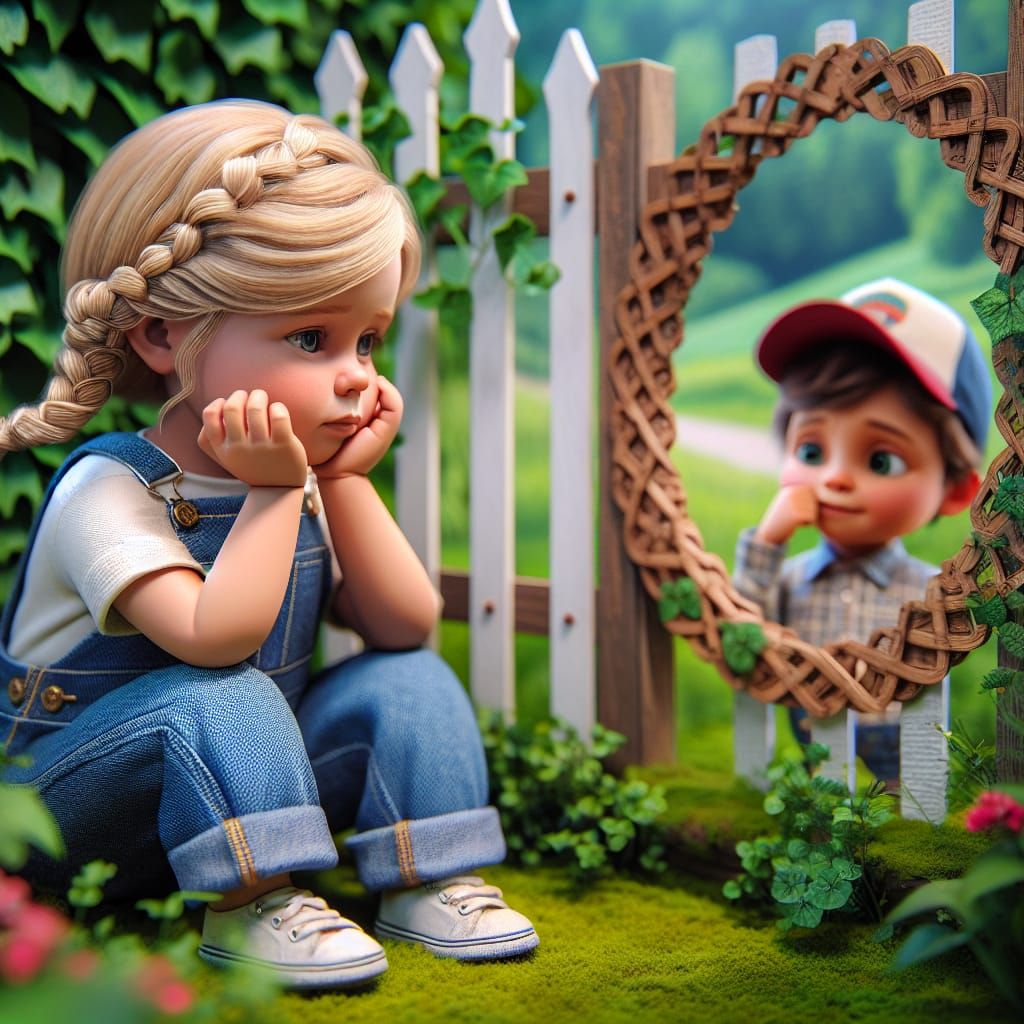 Girl in Overalls Contemplates Childhood in Garden