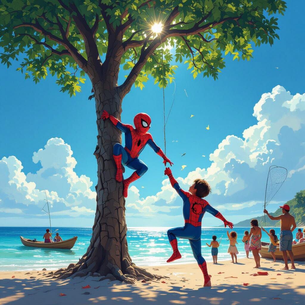 Spiderman Boy Climbs Tree on Sunny Beach