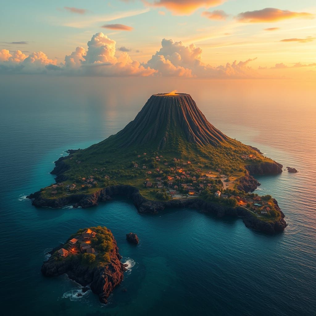 Whimsical Island Paradise with Ancient Volcano and Lush Vill...