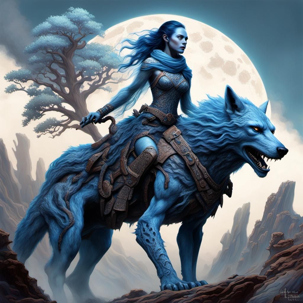 Alien Warrior Woman Rides Dire Wolf in Petrified Forest