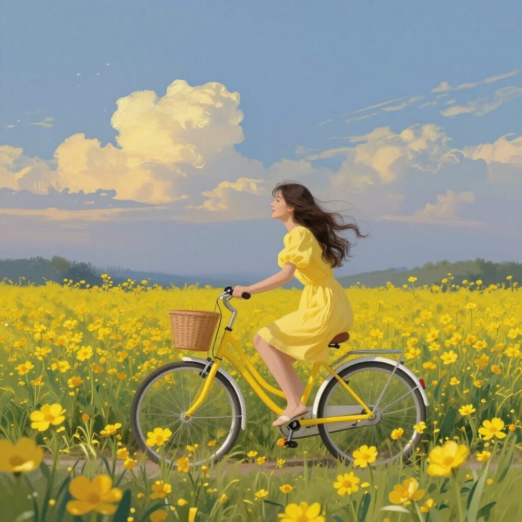 Woman in Yellow Dress on Bicycle Amidst Bioluminescent Flowe...