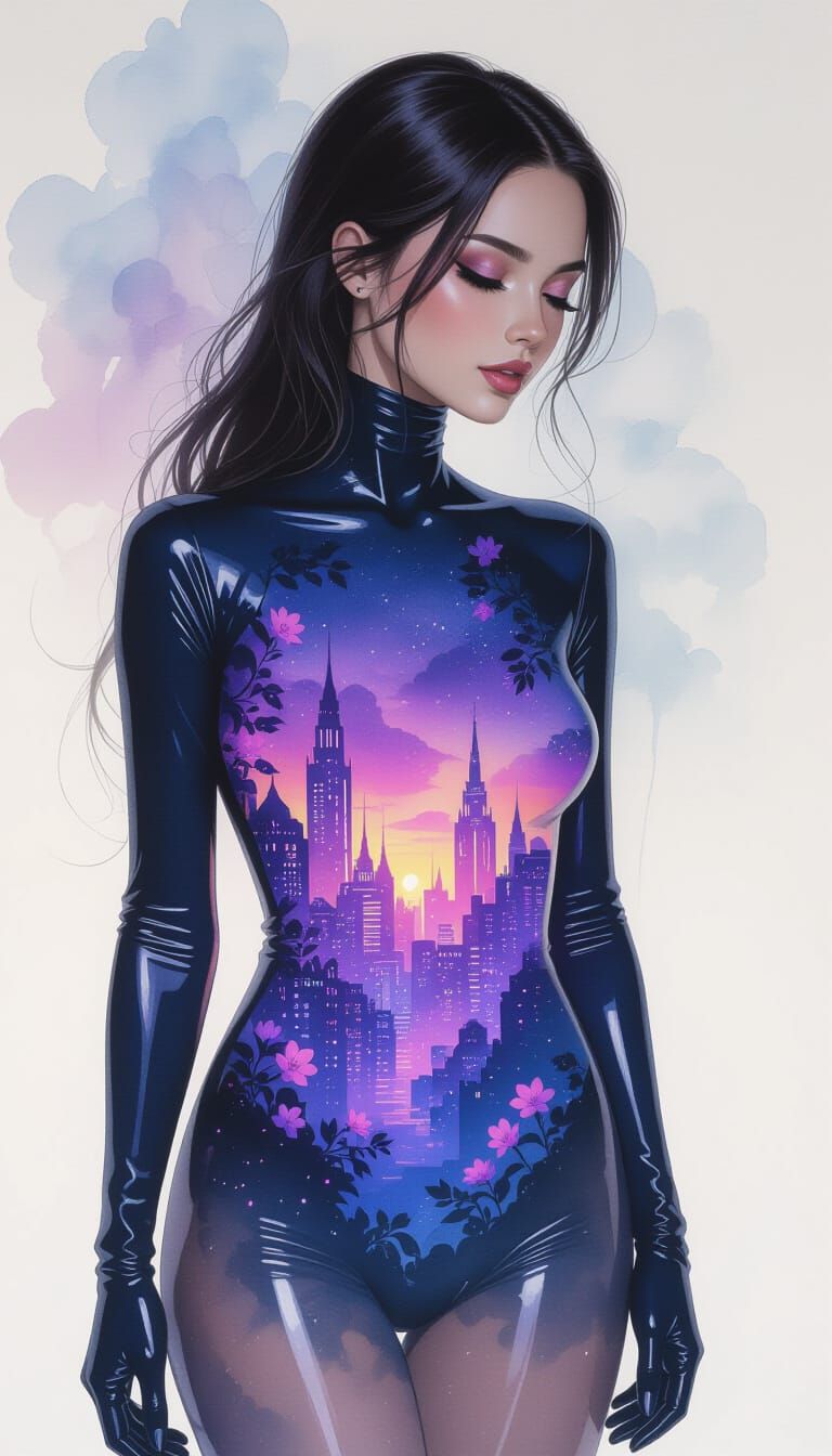 Dreamlike Cityscape Silhouette in Watercolor Style