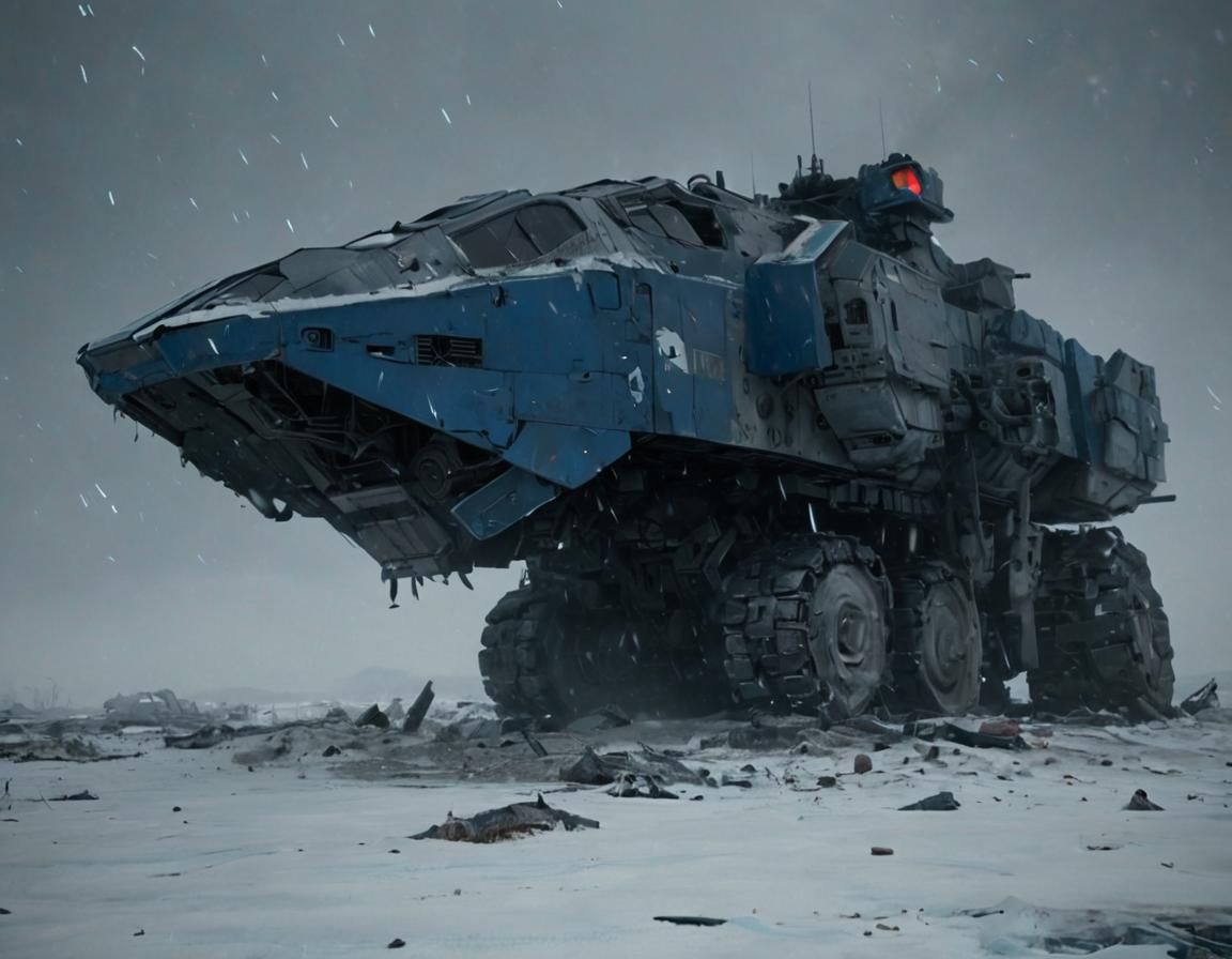 Snow-Covered Mech Battleground in a Post-Apocalyptic Wastela...