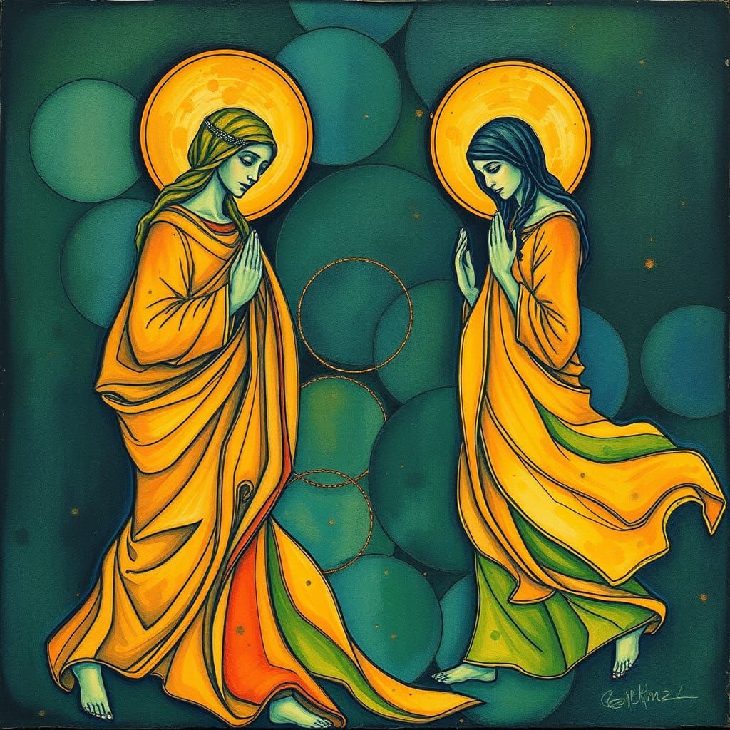 Echoes of Ancient Devotion in Blues and Earth Tones