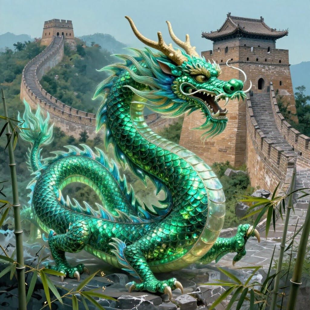 Emerald Chinese Dragon Beside Great Wall