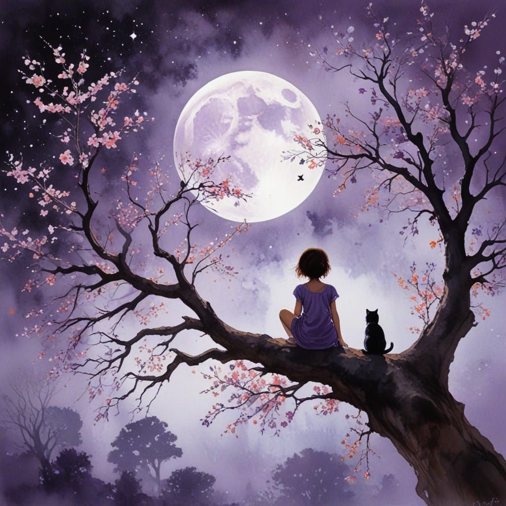 A Serene Watercolor Scene of a Girl and Cat Staring at the M...