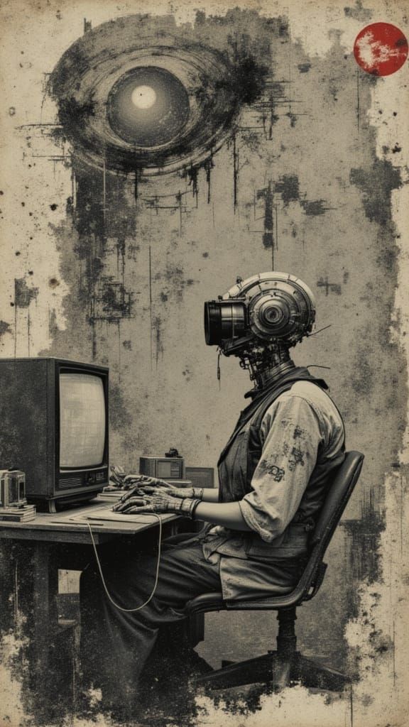 Surreal Human-Machine Drone in Orwellian Office