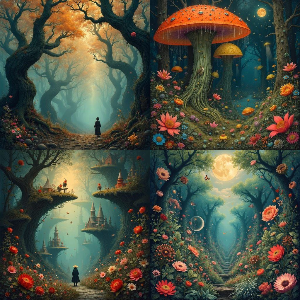 Surreal Fantasy Landscape with Intricate Floral Details in W...