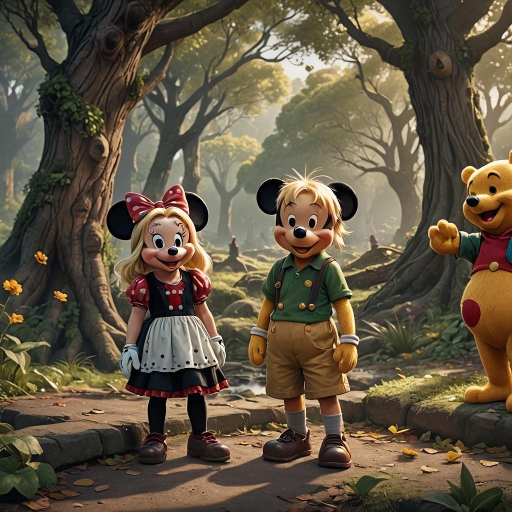 Mickey and Minnie Mouse as Children with Pooh