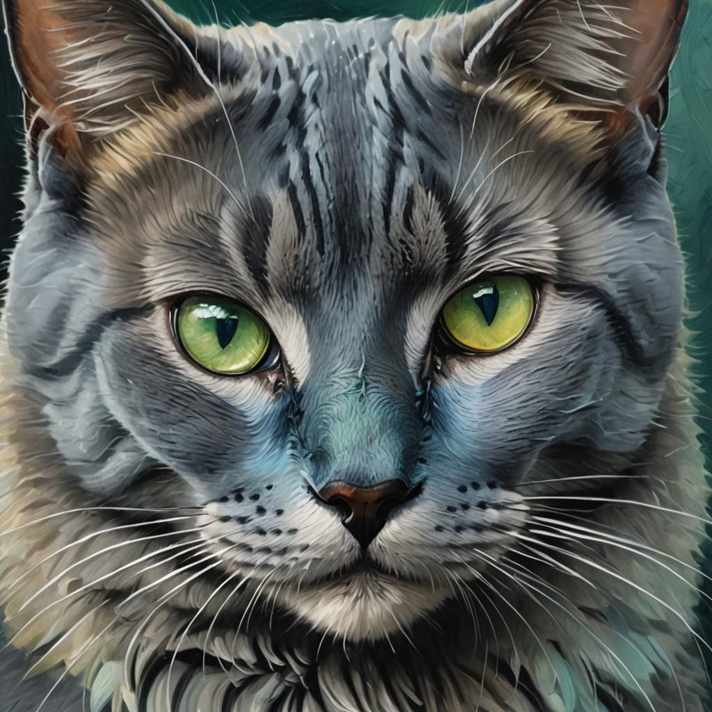 Majestic Russian Blue Cat in Oil Painting Style