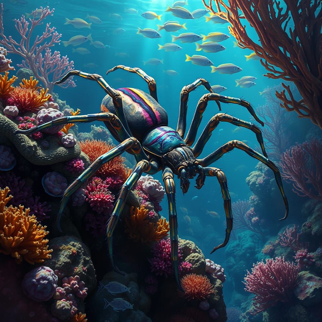 Ethereal Striped Spider in a Fantastical Underwater Realm