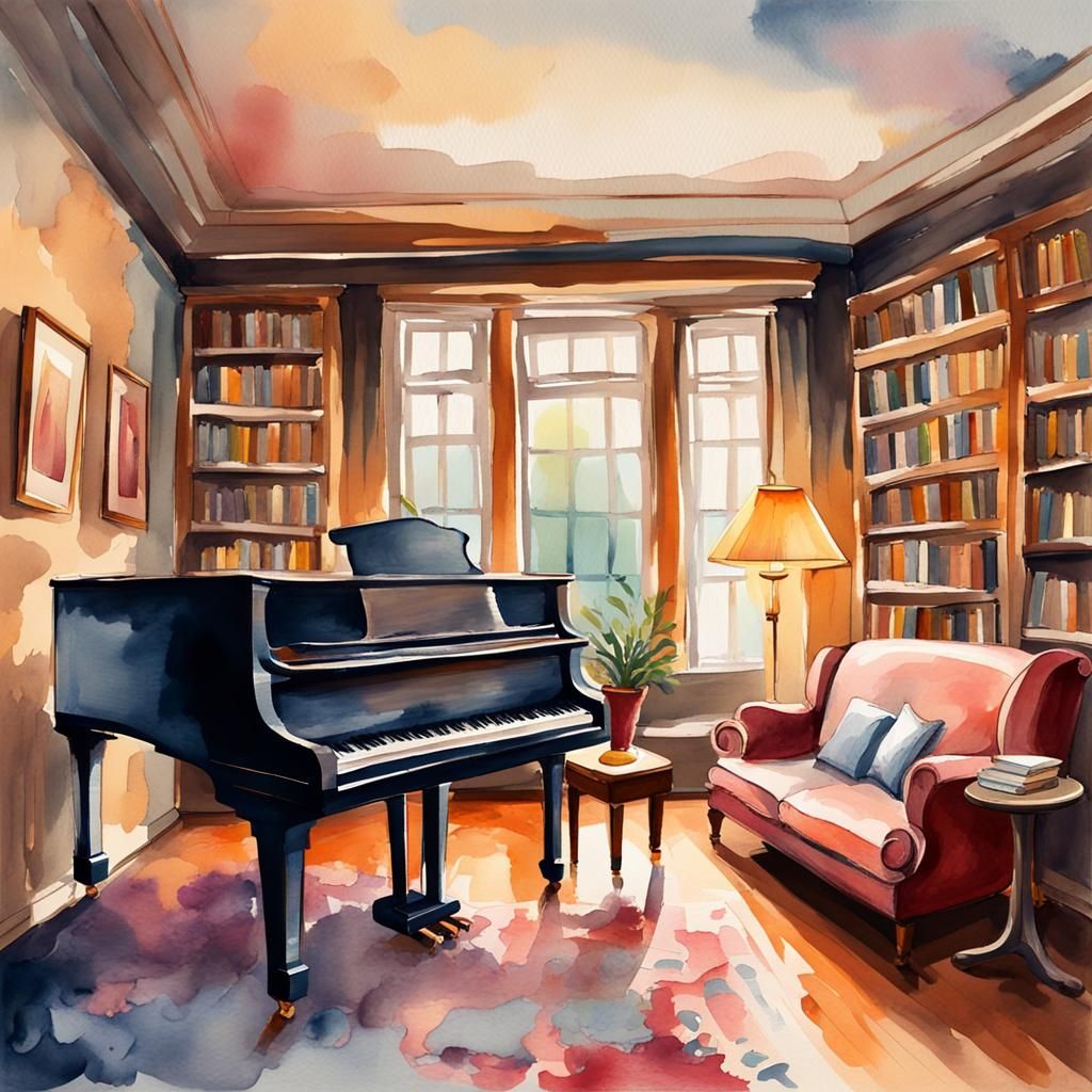 Cozy Room with Piano in Watercolor Style