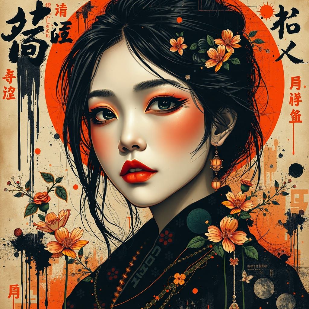 Exotic Asian Goddess in Vibrant, Cyberpunk Cityscape