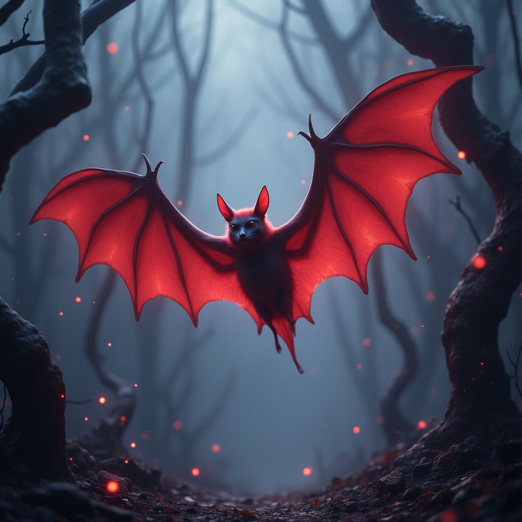 Red Bat Soaring Through Mystical Dreamscape