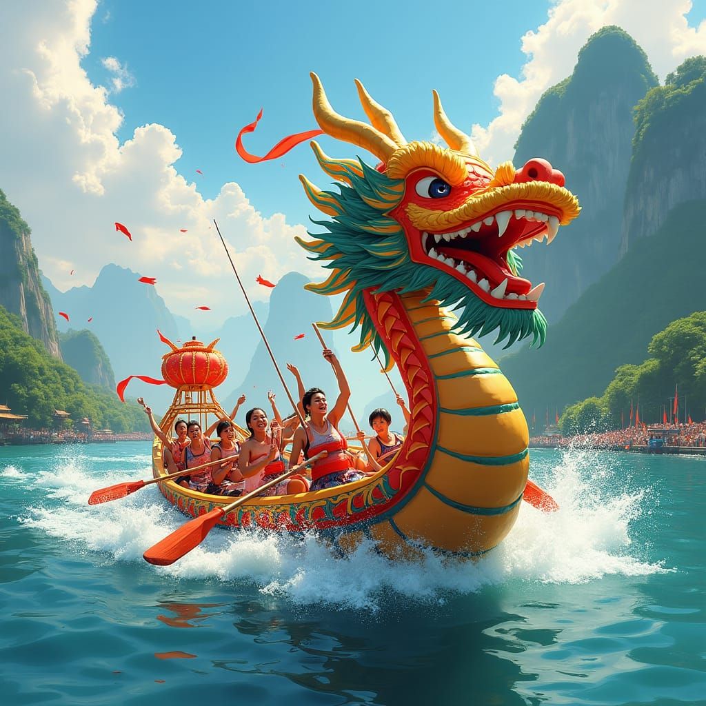 Dragon Boat Festival Scene in Chinese Art Style