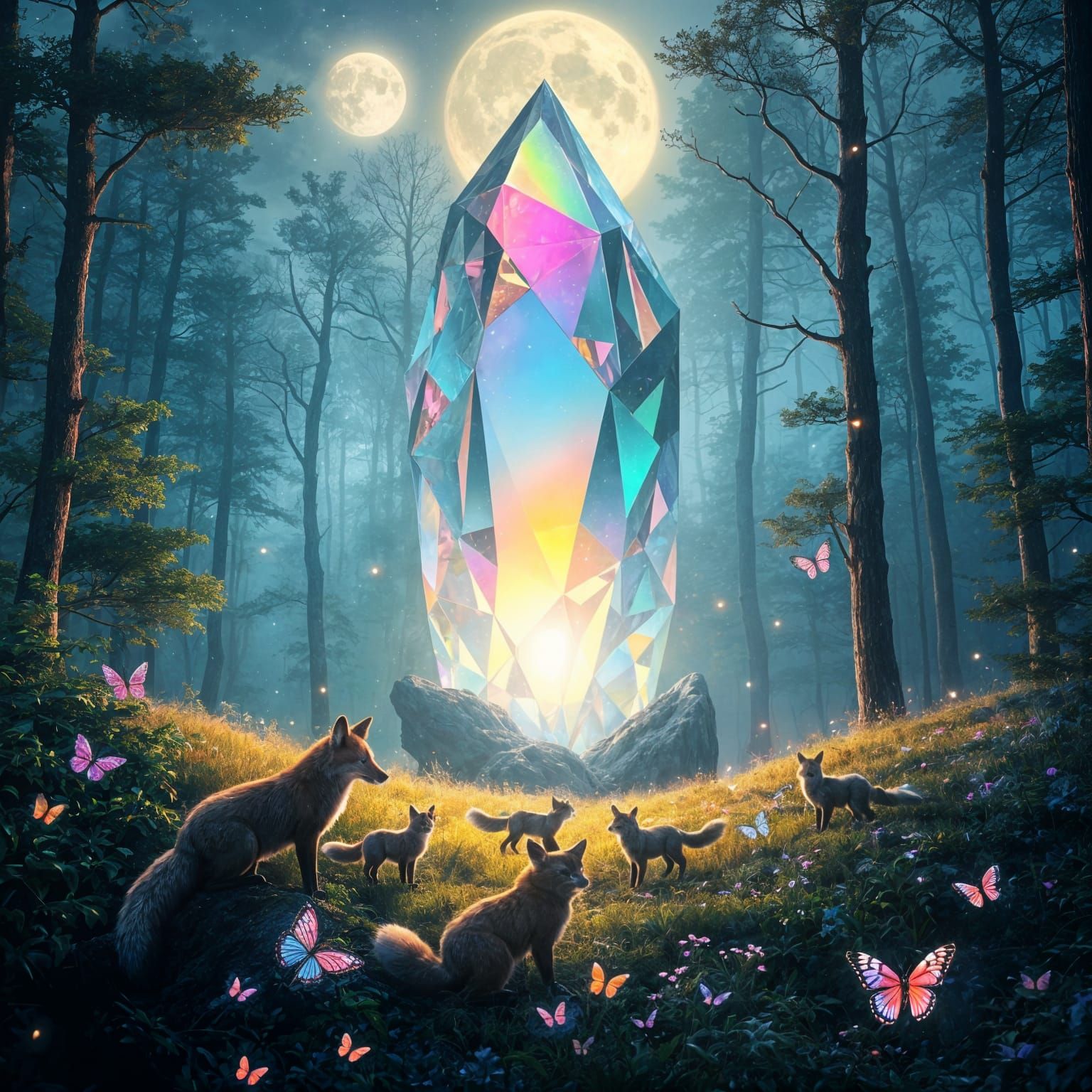 Enchanted Crystal Forest Clearing at Night