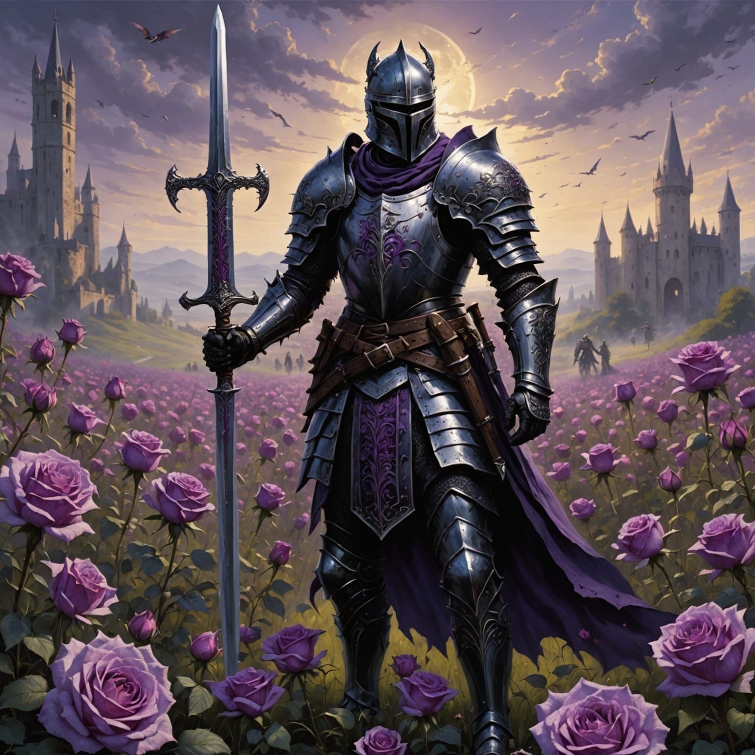 Dark Knight Amidst Purple Roses