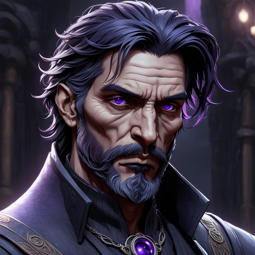 Ominous Man with Purple Eyes: Raven Aesthetic Portrait