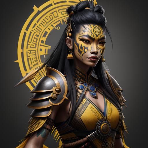 vietnamese warrior with yellow tribal face paint and tribal fashion clothing