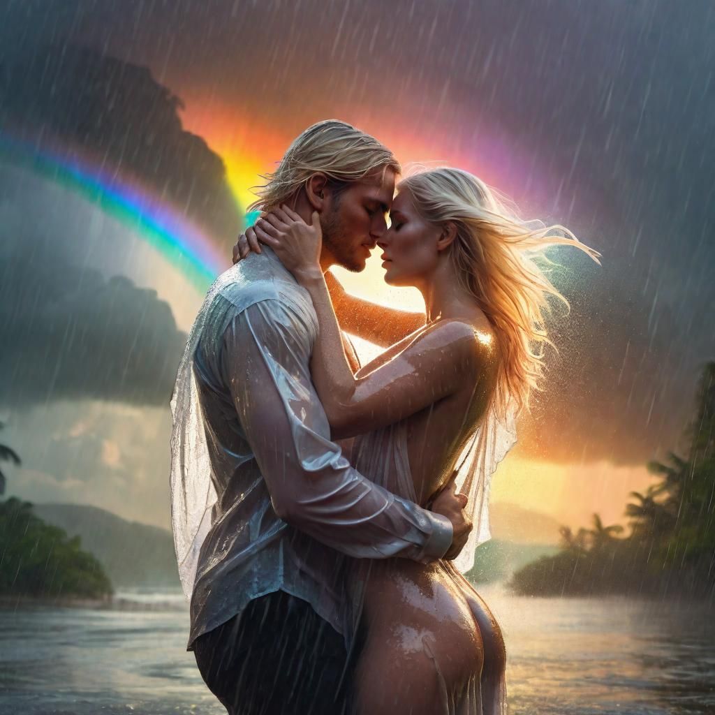 a double exposure of a beautiful blonde fantasy woman carried by her man in his loving arms, draped in rain, in touch wi...