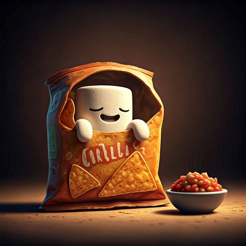 Marshmallow Man in Claymation Peeks From Chip Bag