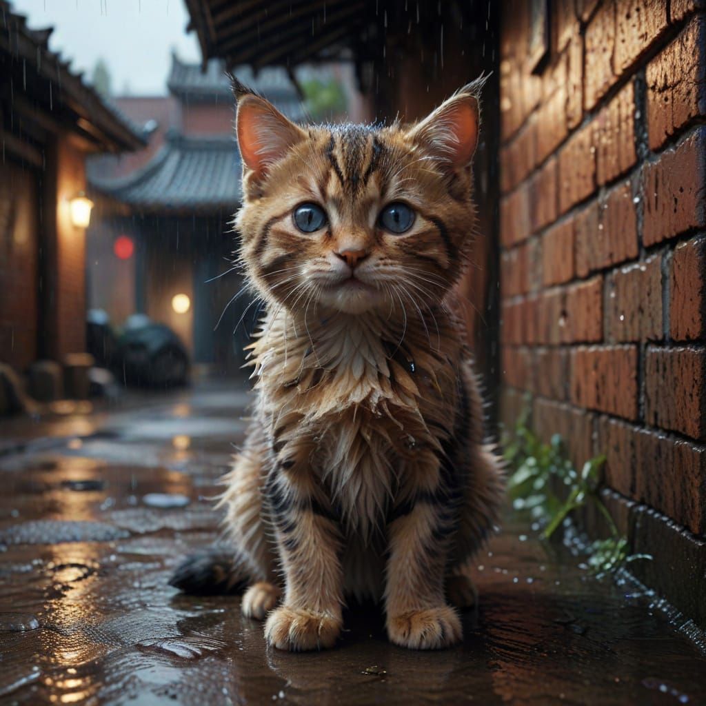 Wet Kitten Seeks Shelter in Alley