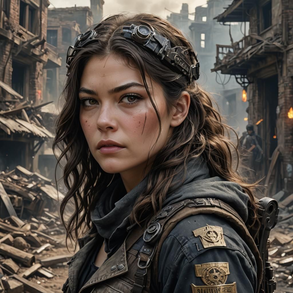 Post-Apocalyptic Mercenary in Ruined Town: Acrylic Painting