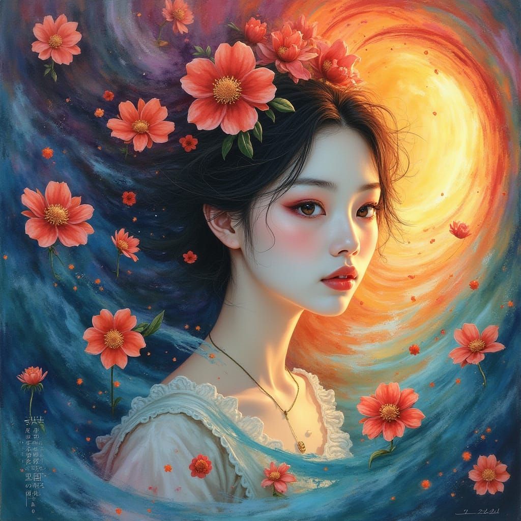 Ethereal Woman Dissolving into Watercolor Blooms