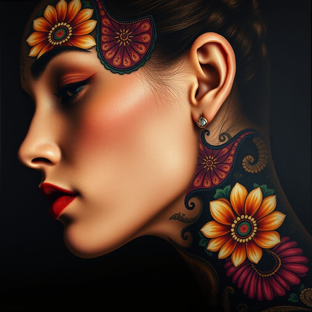 Psychedelic Floral Face Portrait with Chiaroscuro Lighting