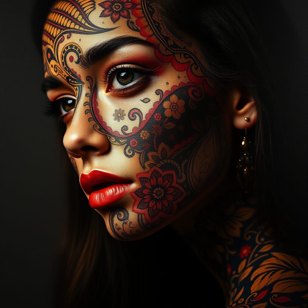 Psychedelic Floral Face Portrait with Chiaroscuro Lighting