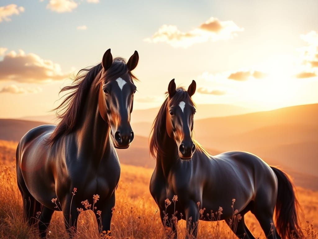 Wild Black Stallions in Morning Light, Impressionist Waterco...