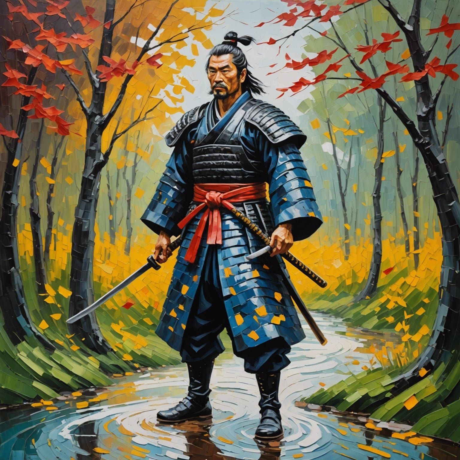 Samurai Warrior with Impasto Palette Knife Technique