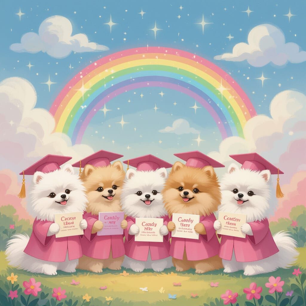 Fluffy Pomeranians Graduate Candy Land High in Pink Gowns