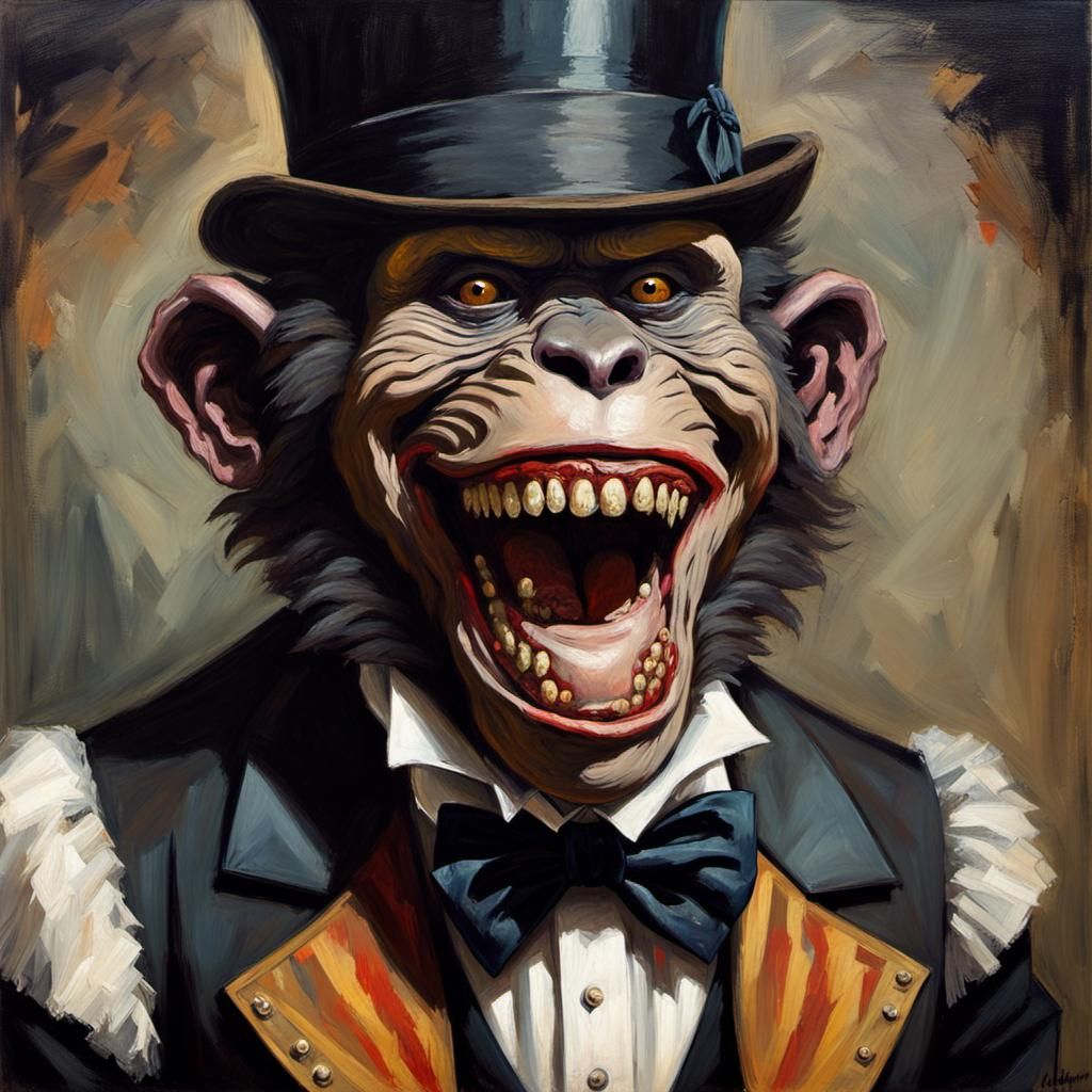 Zombie Monkey Monster Circus Clown.1840's Blackface Minstrel. Mister Interlocutor. Grinning Maniacally. Tall Top Hat Tux...