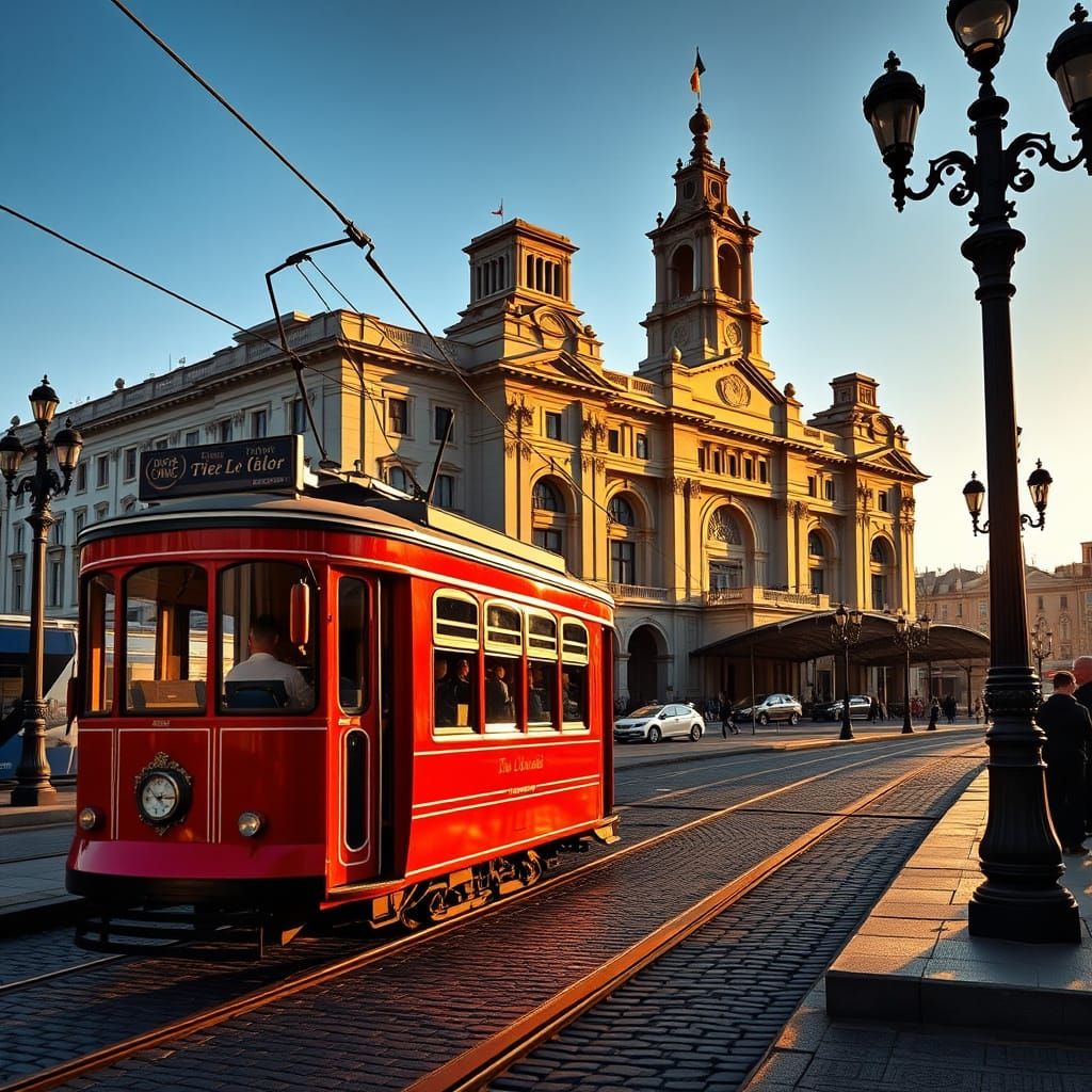 Classic Red Tram at Bustling Terminal in Golden Light