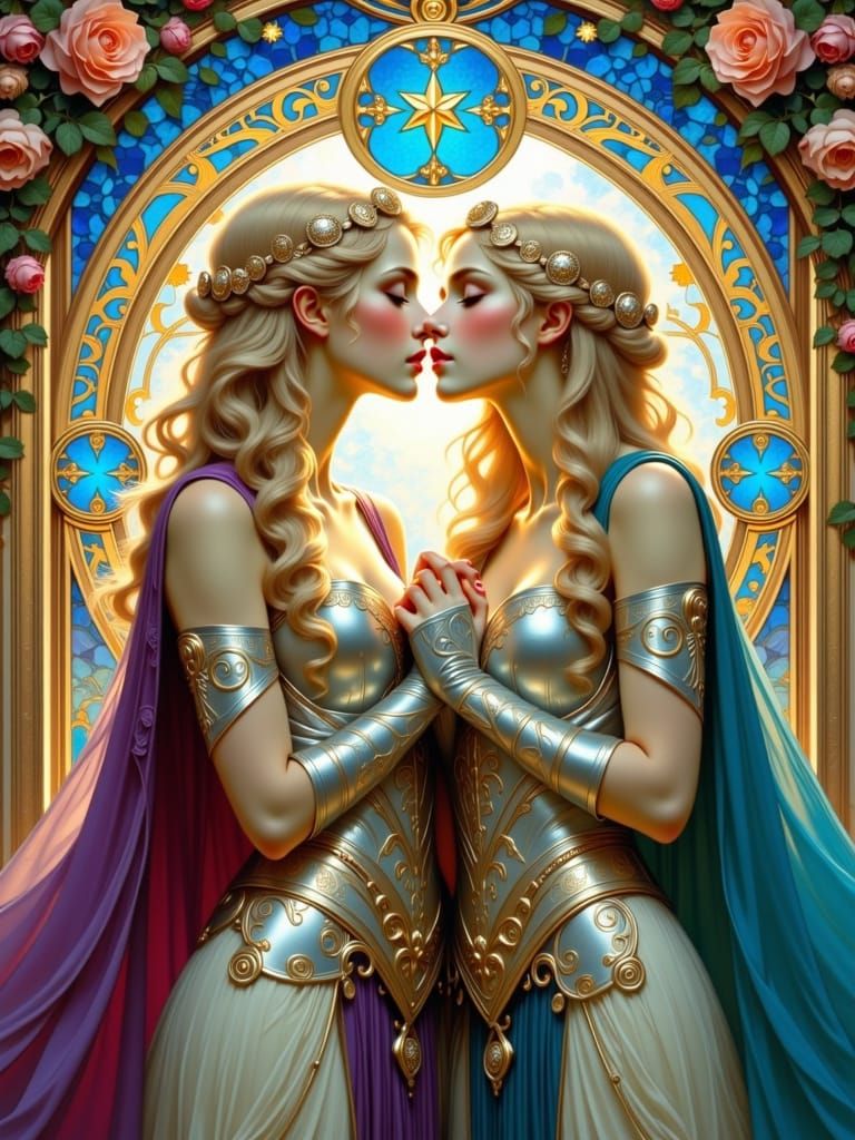 Elegant Female Knights Share a Kiss Under Starry Skies in Ar...