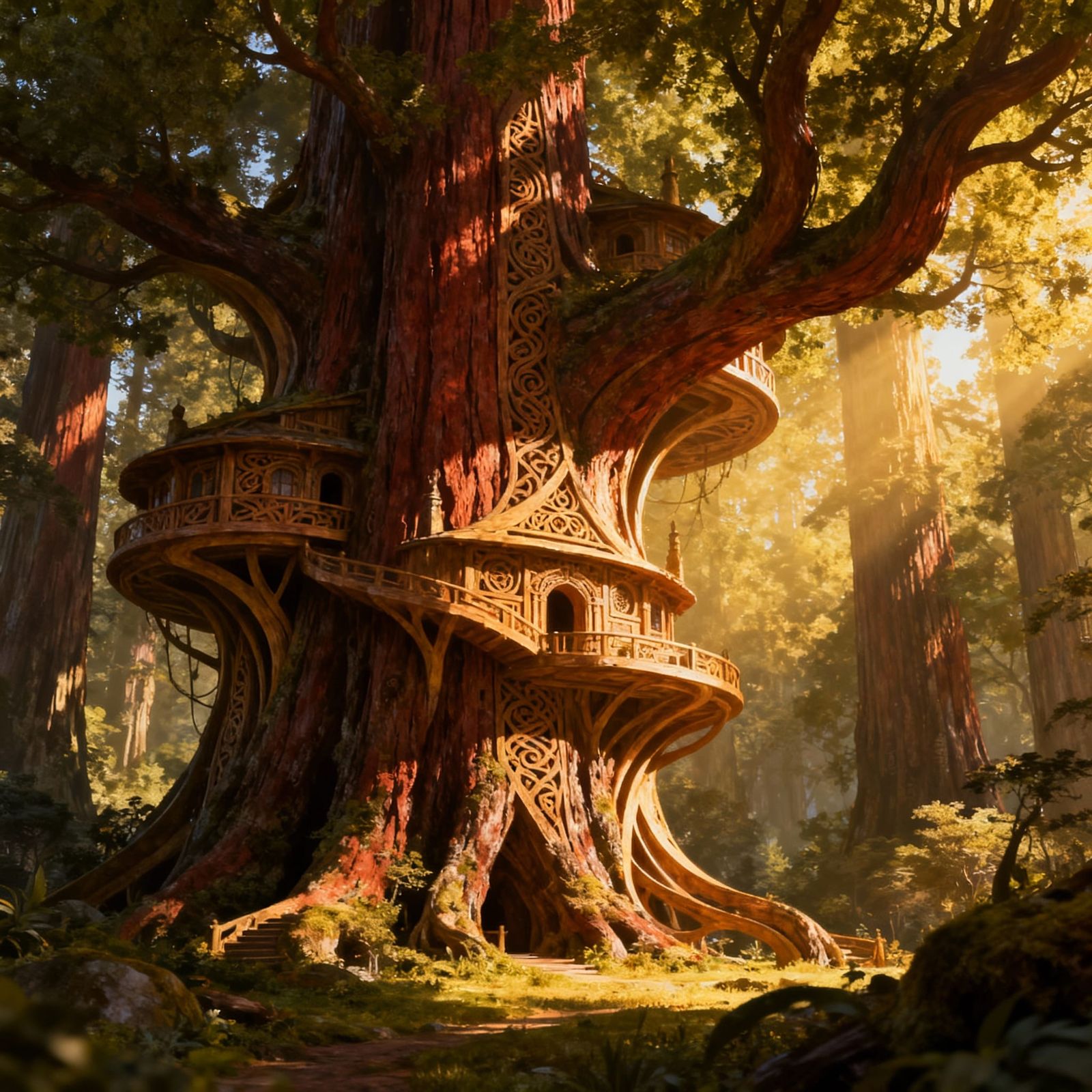 Majestic Ancient Treehouse in Giant Redwood, Fantasy Art