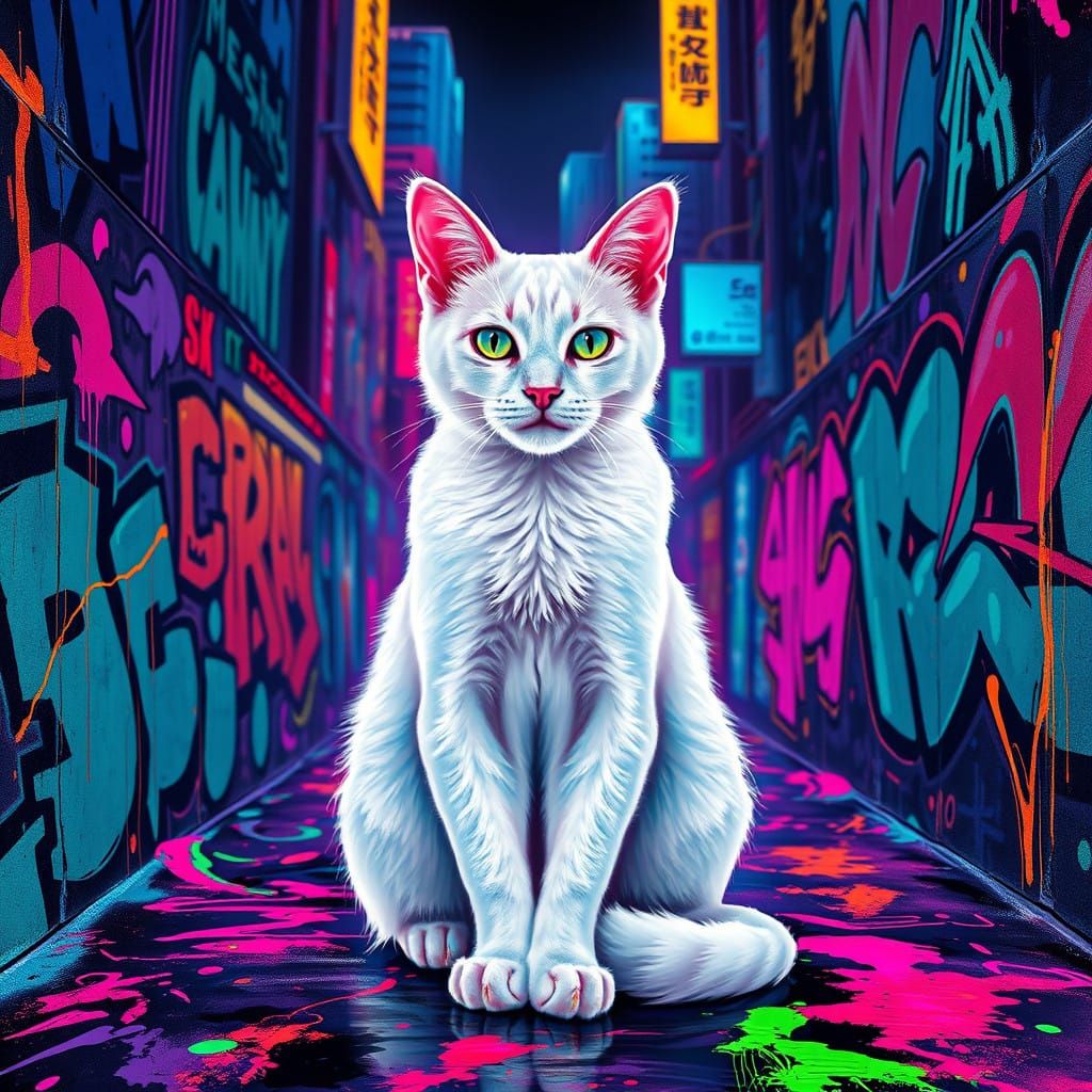 Cyberpunk Cat Illuminated by Blacklight