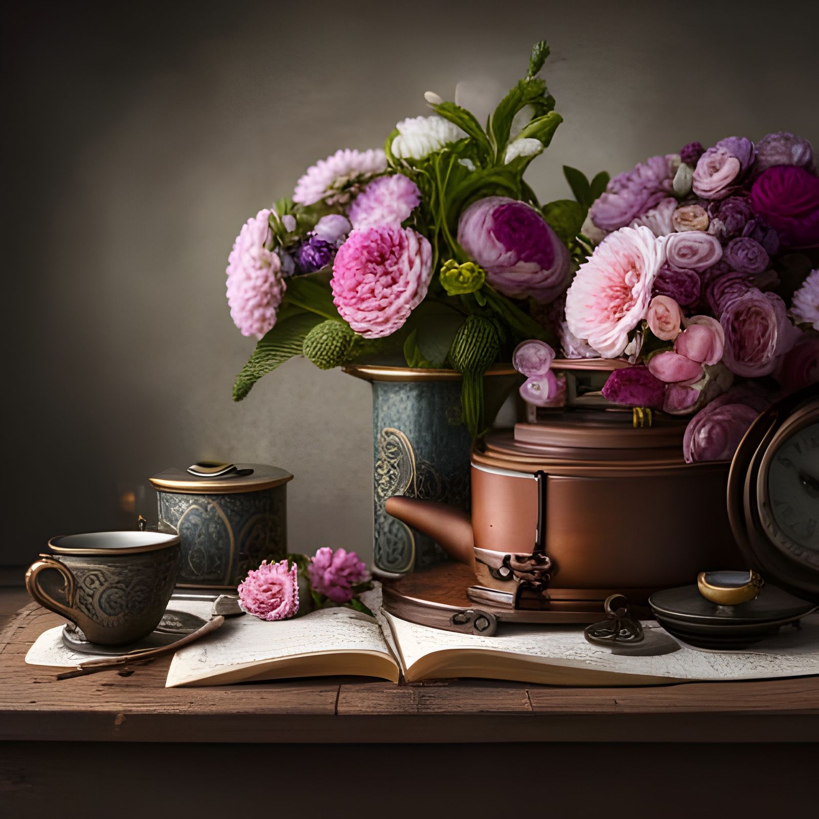 Steampunk Tea Party with Flowers and Engine