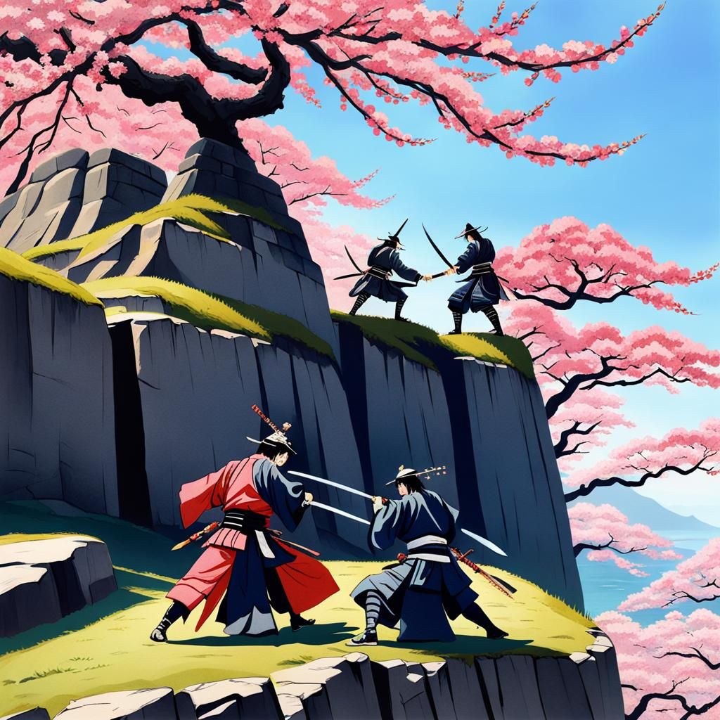 Samurai Duel on Cherry Blossom Cliff