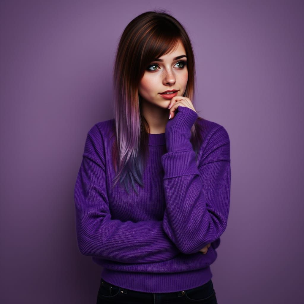 Woman in Purple Sweater, Monochromatic Ambiance